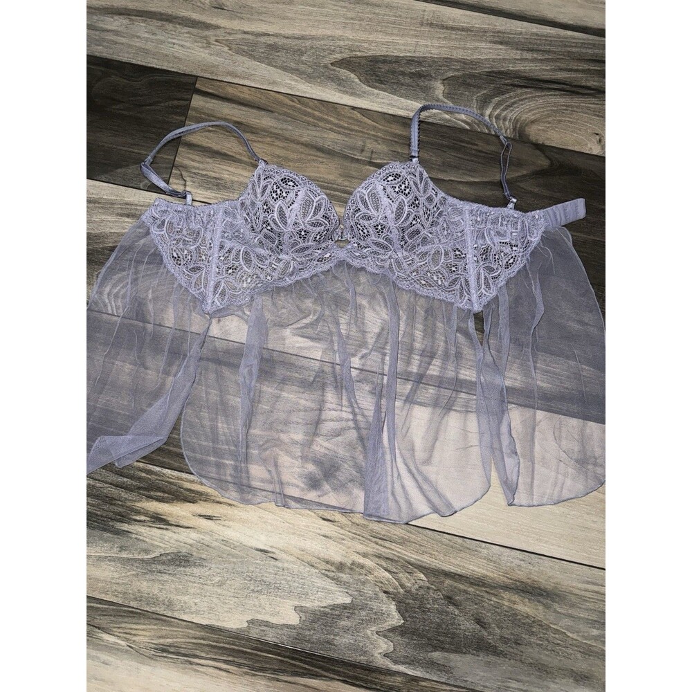 Purple Mesh Lace Accent Victorias Secret Babydoll Bra Y2K Side Slits Sz 34B